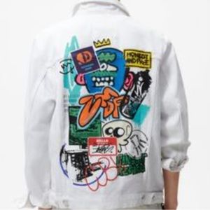 NEW Zara Graffiti Art Distressed Denim Jacket
